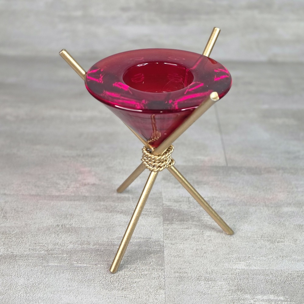 VintageZodax Candle Holders Metal Tripod Design Red Amber Glass Made In Portugal